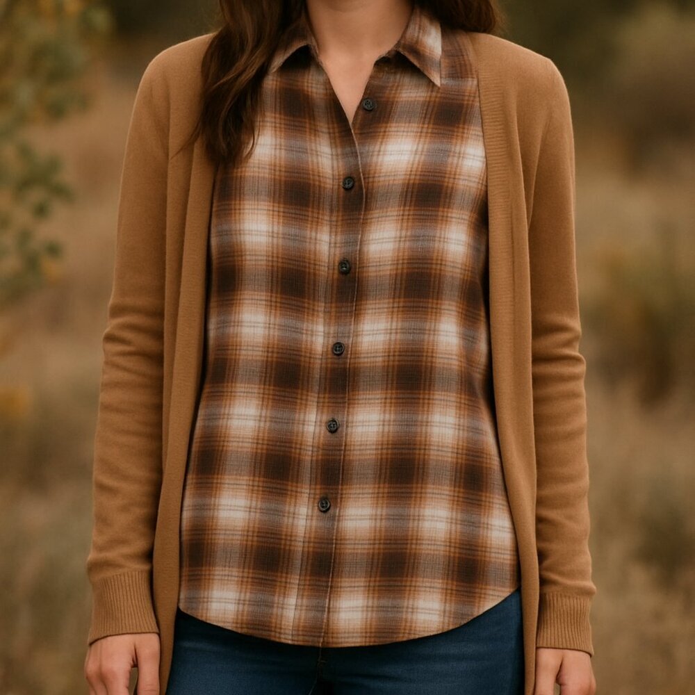 Banana Republic Factory Flannel Boyfriend Shirt Brown‎ Plaid Western Style Small